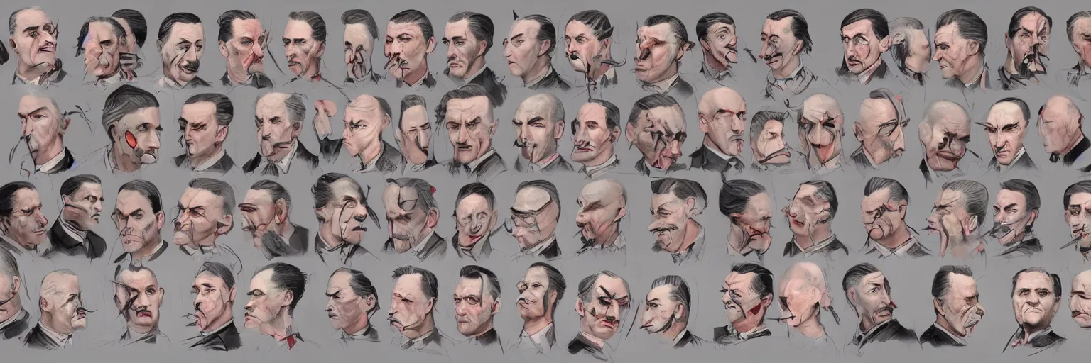 Image similar to colorful character faces, realistic mike patton and adolf hitler faces, character sheet, fine details, concept design, contrast, kim jung gi, greg rutkowski and da vinci, trending on artstation, 8 k, emotional, face turnaround, front view, back view, side view, ultra wide angle