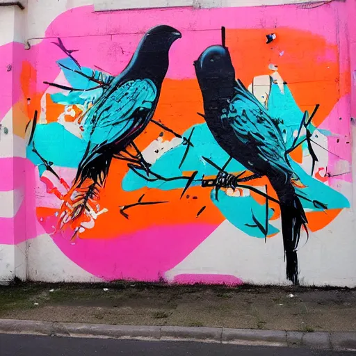 Prompt: a huge mural in pink and orange, showing a miriad of colorful birds and fish mixing, urban Street art by refreshink, fio silva, l7m,