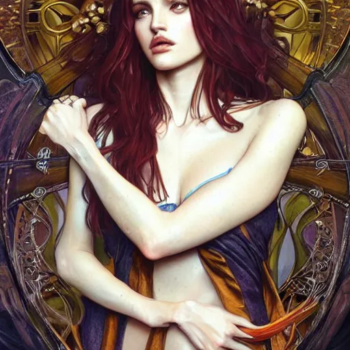 Image similar to ultra realistic illustration, bella thorne as witch, intricate, elegant, highly detailed, digital painting, artstation, concept art, smooth, sharp focus, illustration, art by artgerm and greg rutkowski and alphonse mucha