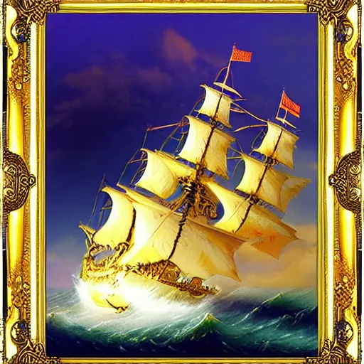 Image similar to Anime One Piece Ship, with golden Frame, made by Aivazovsky Ivan