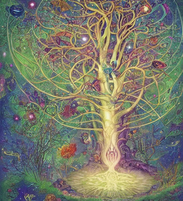 Image similar to the cosmic tree of life absorbs all galactical and masonic energy fields by daniel merriam, deep and rich colours,