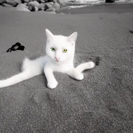 Image similar to realistic photo of a cute cat chilling out on the beach