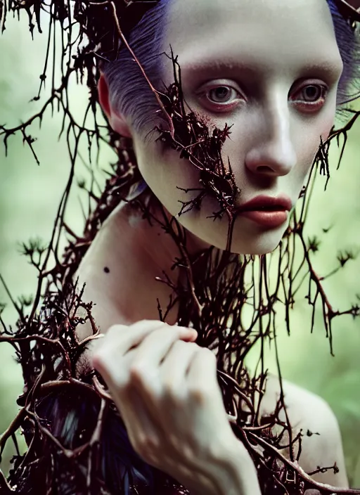 Prompt: cinestill 5 0 d photo portrait of a beautiful hybrid woman in style of tim walker by roberto ferri, bark skin intricate detailed, hair is gnarled branches and thorns, 5 0 mm lens, f 1. 4, sharp focus, ethereal, emotionally evoking, head in focus, soft volumetric blur light dreamy outdoor