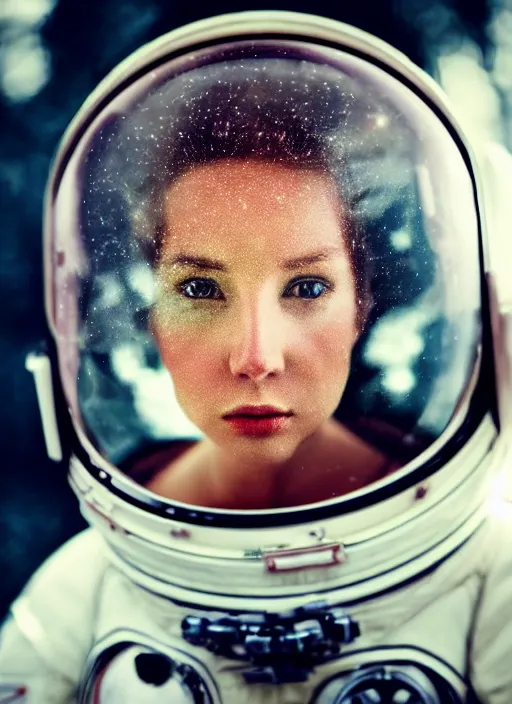 Prompt: photograph portrait of a very pretty!!! woman! symmetric face, petzval lens. out of focus, in an very detailed astronaut costume. futuristic helmet, space station. by alesio albi and george lucas and stanley kubrick. film still