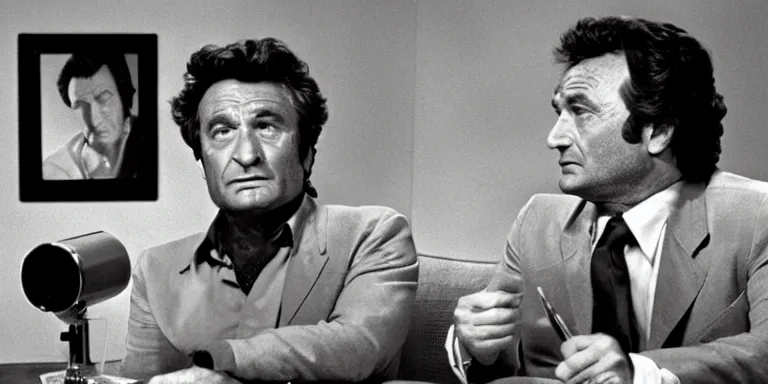 Image similar to photorealistic cinematography of peter falk acting in a 1 9 6 9 episode of columbo shot on 3 5 mm eastman 5 2 5 4 film with a 1 8 mm cooke panchro lens shot by cinematographer russell metty