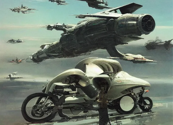 Prompt: ( ( ( ( ( classic vintage motorcycle, motorcycle concept art, sci - fi illustration, painting ) ) ) ) ) by vincent di fate and john berkey and rogue one!!!!!!!