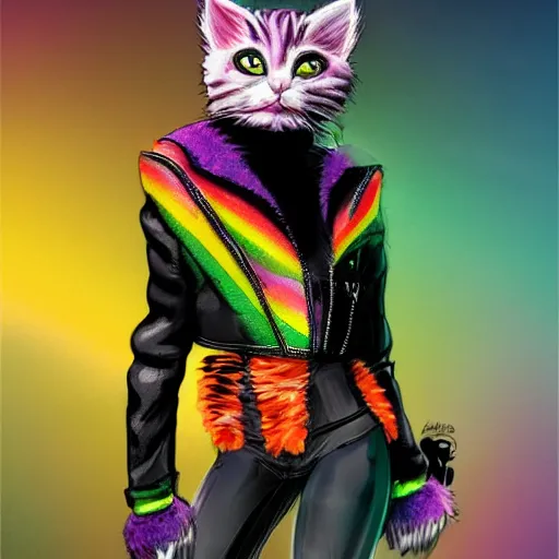 Image similar to wide angle full body, jacket wearing fluffy cute rainbow kitten wearing a black leather motorcycle jacket, cinematic concept art