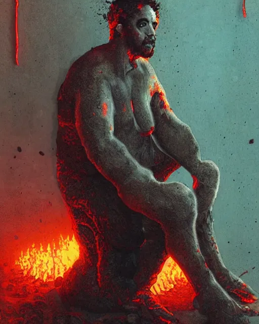 Image similar to sam hyde emerging from volcanic lava in cyberpunk theme by conrad roset, nicola samuri, dino valls, m. w. kaluta, rule of thirds, sigma male, gigachad look, beautiful