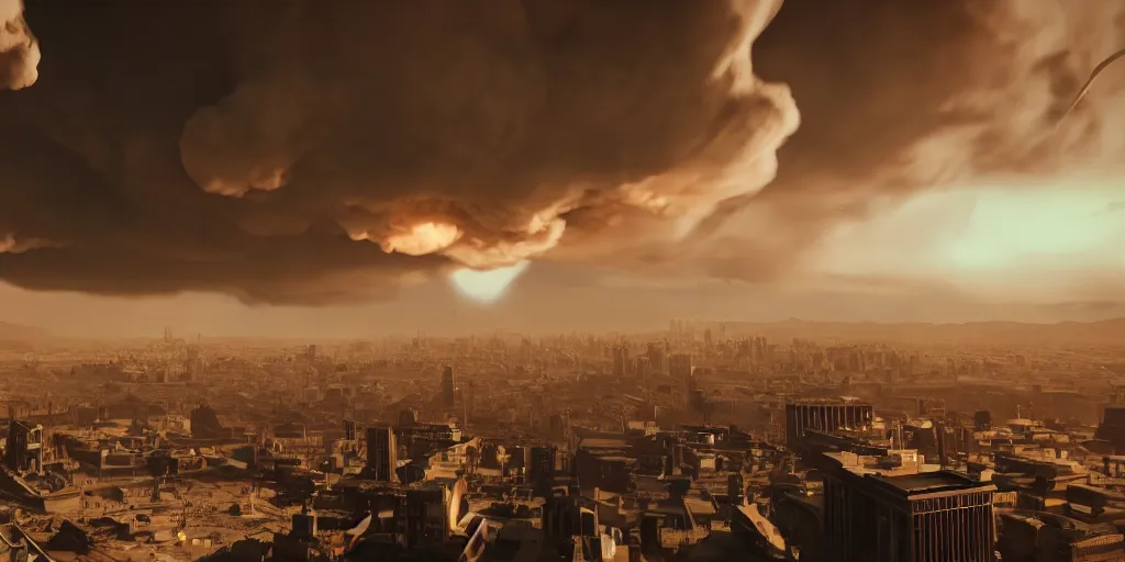 Image similar to a highly detailed atomic bomb cloud detonated above the city, 8 k, chaotic atmopshere, unreal engine, cinematic, glowing, very detailed, award - winning cinematography