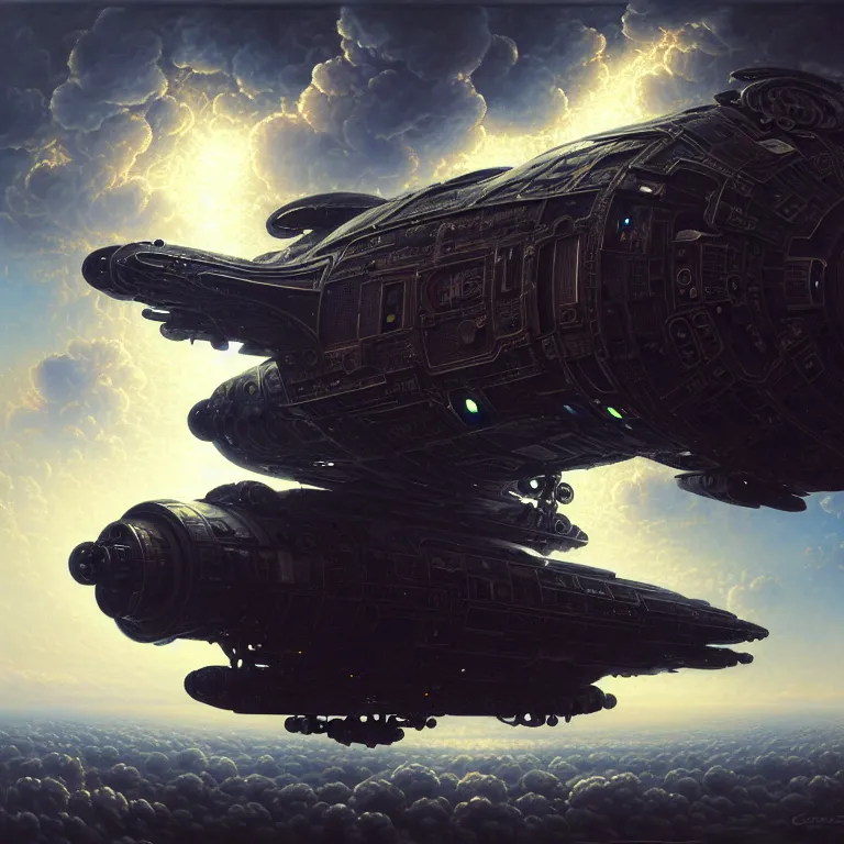 Prompt: a photorealistic painting of an intricate spaceship, clouds, clockwork, realistic, beautiful, highly detailed, realistic, dark, vibrant, futurist, industrial, oil on canvas, by greg rutkowski and otomo, hd