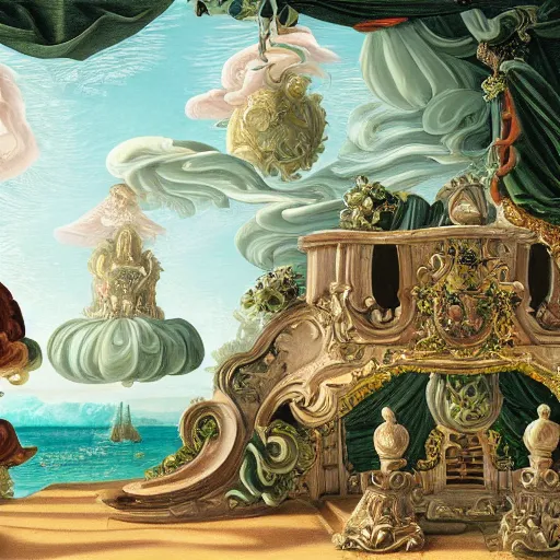 Prompt: elaborate baroque rococo vr on the ocean ground. seen from the distance. with a lot of little details. childrenbook scientific illustration in soft natural tones. hd hyperdetailed octane. matte paper background. in the style of ulriko - e and botticelli and national geographic and ernst haekel and daniel martin diaz