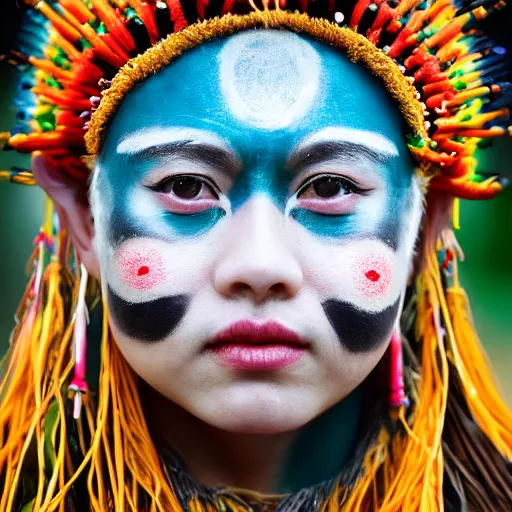 Image similar to minimalist photography portrait of aloy, an elaborately adorned female shaman warrior, face paint, symmetrical, super close up, mid thirties, cute round green slanted eyes, porcelain skin, wide nostrils, chubby cheeks, high flat eyebrows, ethereal essence, angelic, leica 1 0 0 mm f 0. 8