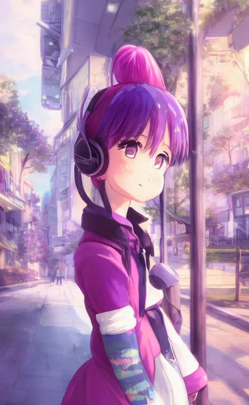 Image similar to anime girl with pink ponytail, wearing purple headphones, wearing a green sweater, with a smile on her face and her eyes closed, walking down a street, dynamic lighting, photorealistic fantasy concept art, trending on art station, very detailed, anime concept art, stunning visuals, creative, cinematic, ultra detailed