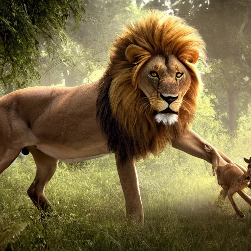 Image similar to lion chasing a deer in the forest, masterpiece, highly detailed, high quality, 4 k, anatomically correct, hyperrealistic, concept art, octane render, unreal engine 5, trending on artstation, trending on deviantart, matte, historical painting, fantasy style, path traced, high coherence, soft lighting, digital painting, mythical