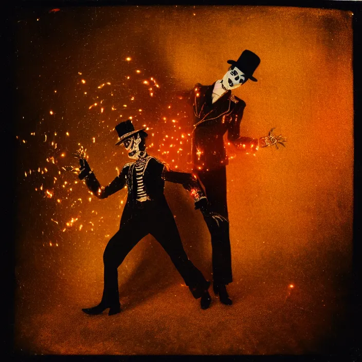 Image similar to kodak portra 4 0 0, wetplate, motion blur, portrait photo of a backdrop, michael jackson skelleton, golden 1 9 2 0 s, coloured in orange fire, sparkling, by georges melies and by britt marling, muted colours