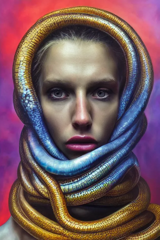 Image similar to hyperrealism oil painting, close - up portrait of face from a tangle of snakes fashion model, knight, street art gradient mixed with nebula sky, in style of baroque