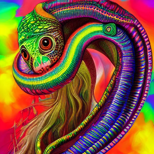 Prompt: psychedelic portrait of the rainbow serpent, digital painting, amazing detail, art station, cgsociety