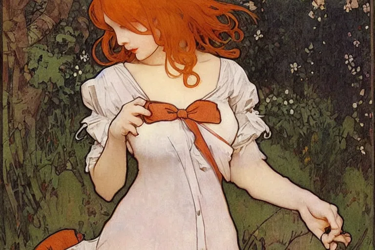 Prompt: beautiful ample redhead in a nightgown with a bow around her waist, mucha