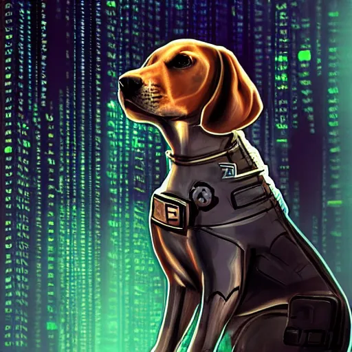 Image similar to cyberpunk hacker beagle dog, digital art, very good