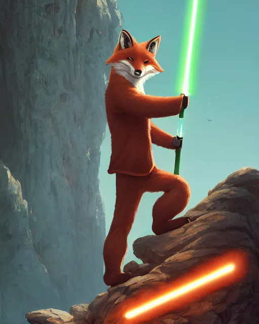 Prompt: one single anthropomorphic fox jedi holding one single lightsaber, posed on a rock. Big bushy tail. digital illustration, very vibrant colors, soft lighting, adventurous, atmospheric lighting, 8K, octane render. By Makoto Shinkai, Stanley Artgerm Lau, WLOP, Rossdraws, James Jean, Andrei Riabovitchev, Marc Simonetti, krenz cushart, Sakimichan, D&D trending on ArtStation, digital art.