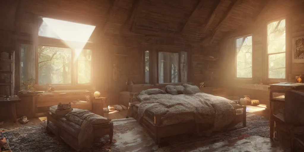 Image similar to A rustic old-fashioned wooded homey bedroom with dappled lighting and god-rays protruding in the style of Greg Rutkowski, oil painted, rendered in unreal engine, rendered in octane, trending on artstation, artstationHQ, artstationHD, artstation 4K, 8k resolution, professional grade, professional photography.