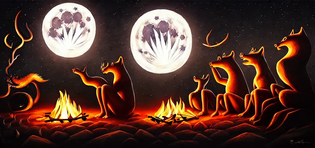 Image similar to strange mythical beasts of sitting around a fire under a full moon, surreal dark uncanny painting by ronny khalil