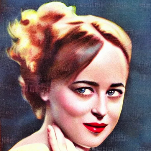 Image similar to “Dakota Johnson portrait, color vintage magazine illustration 1950”