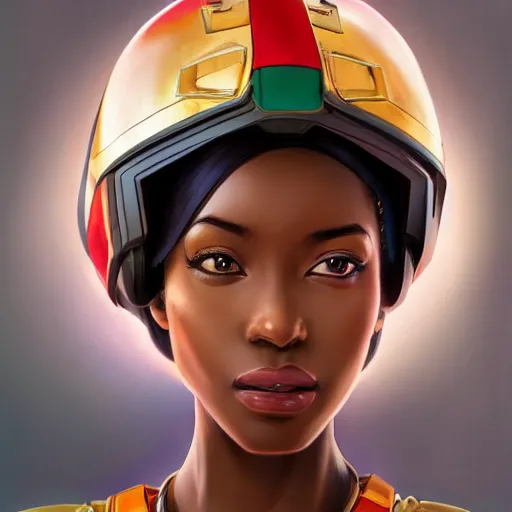 Image similar to portrait cartoon manga anime render of a strikingly gorgeous nigerian 👩🏿, wearing an intricate gundam pilot helmet, rossdraws, artgerm, norman rockwell, emiliano ponzi, epic composition, hd, octane, unreal engine, volumetric lighting, light rays, masterpiece, award - winning