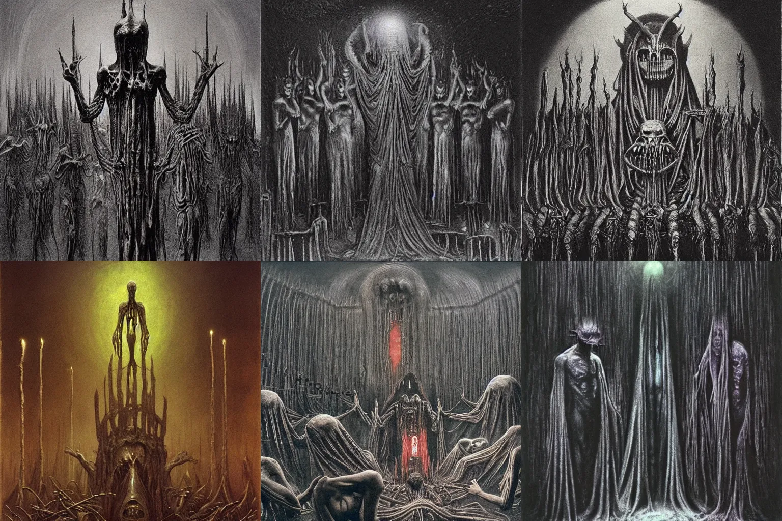 Prompt: Dark Magic cult leader performing an evil ritual on his followers, concept art, oil painting by H. R. Giger, Beksinski, Jean Giraud. Dark, moody, oppressive atmosphere