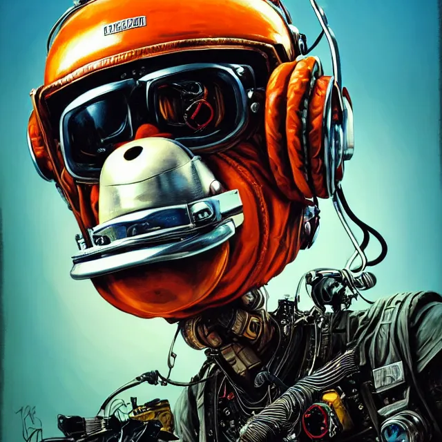 Image similar to a portrait of an anthropomorphic cyberpunk orangutan in a motorcycle helmet by sandra chevrier, detailed render, tape deck, boombox, headphones, epic composition, cybernetics, 4 k realistic, cryengine, realistic shaded lighting, sharp focus, masterpiece, by matteo scalera, gary montalbano, peter elson in the style of the tokyo ghost comic