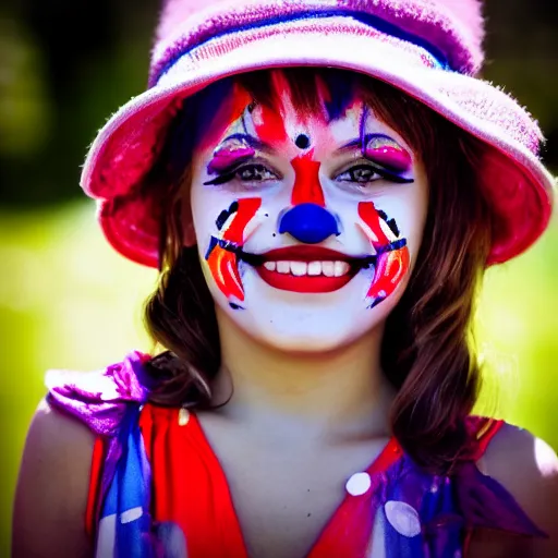 Prompt: a portrait of a girl who has face - painting like a clown smiling creepily. depth of field. lens flare