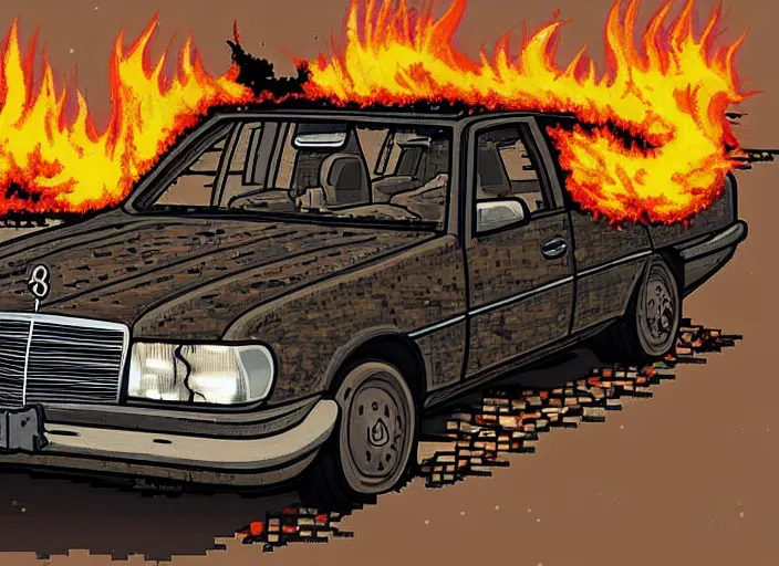 Image similar to burning wrecked mercedes 1 2 4, pixelart by kirokaze, award winning. dramatic. trending on artstation, low resolution sync, by monochrome game boy games