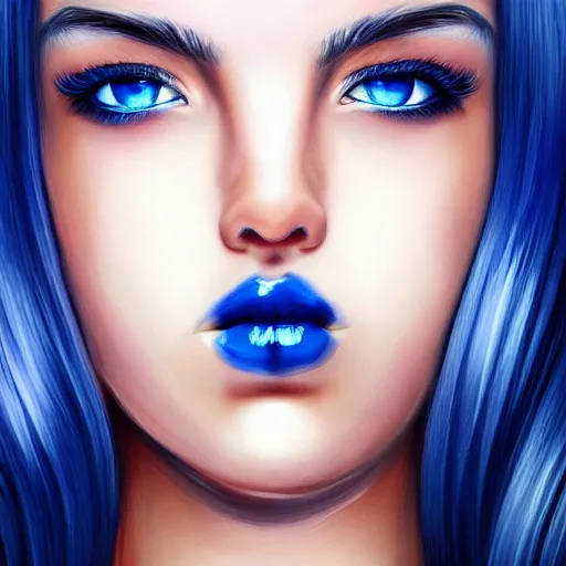 Prompt: photorealistic portrait of beautiful monster girl, black hair, blue eyes, smooth face, glowing skin, detailed face, sharp focus