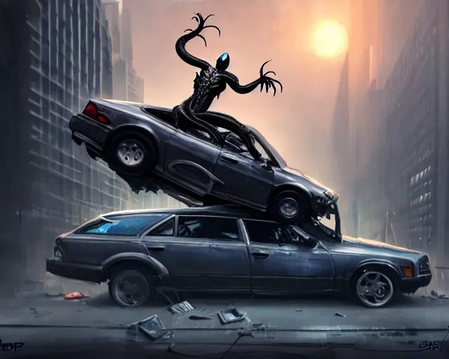 Prompt: A realistic Venom standing on top of a wrecked car in the city, open arms art by Jason Chan and Cedric Peyravernay, trending on artstation, Ultra detailed, hyper realistic, cinematic lighting