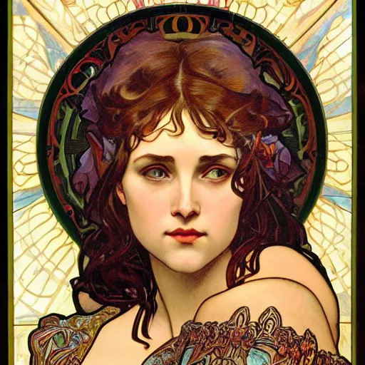 Prompt: realistic detailed face portrait of a beautiful young Salome by Alphonse Mucha, Greg Hildebrandt, and Mark Brooks, gilded details, spirals, Neo-Gothic, gothic, Art Nouveau, ornate medieval religious icon