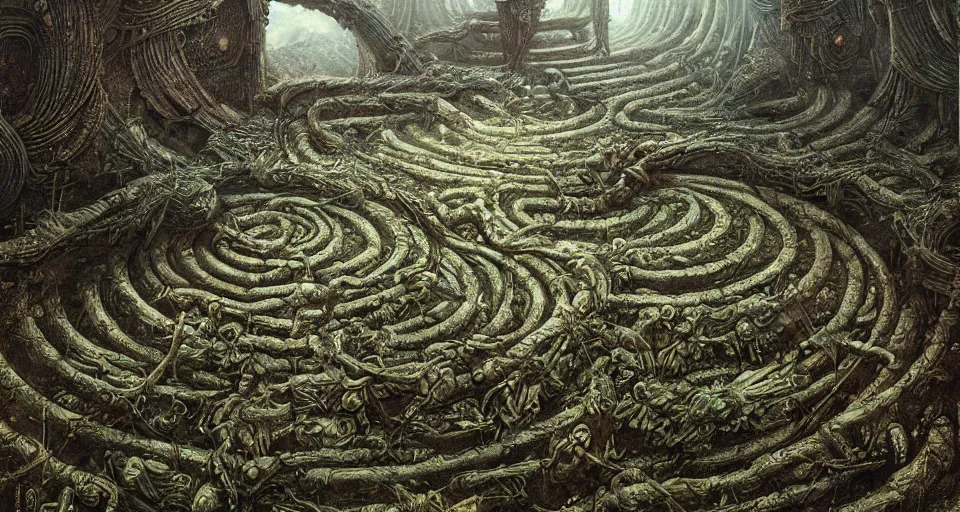 Image similar to ancient greek overgrown labyrinth, by giger, stalenhag, beksinski, retro sci - fi movie, highly detailed, photorealistic, illustration, matte painting, 8 k, trending on artstation