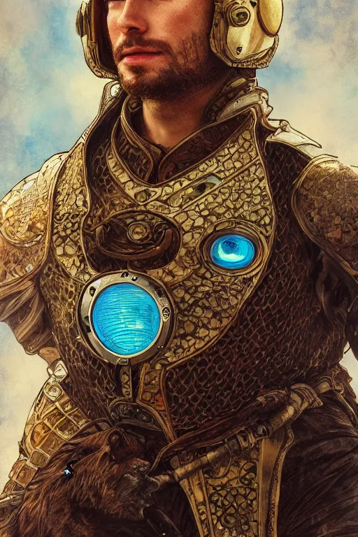Prompt: realistic detailed photo of freman from Arrakis, blue eyes, woven armour with glass dome helmet, cooking a grizzly bear, intricate complexity, Behance, Alphonse Mucha, golden ratio, Kojima, Amano, Charlie Bowater rich deep colors