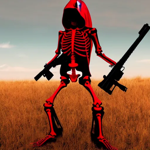 Image similar to a skeleton in a red hoodie with a rifle ultrarealism