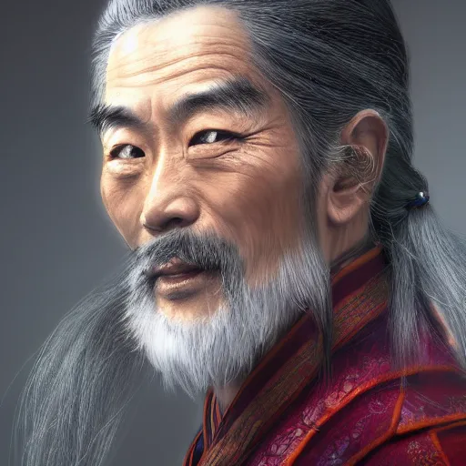 Image similar to portrait painting of a 6 0 year old kind handsome taoist priest, like zun long, silver ponytail hair, amiable by wenjun lin, irakli nadar, bright colors, octopath traveler, wenjun lin, unreal engine 5 highly rendered, global illumination, radiant light, detailed and intricate environment