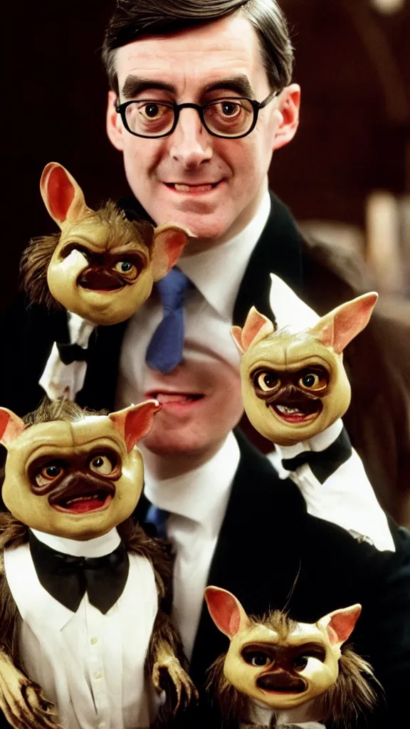 Image similar to jacob rees - mogg with mogwai from the film gremlins