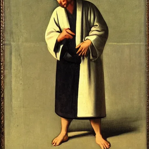 Prompt: a man sweating in a bathrobe on a hot day, Zurbaran style