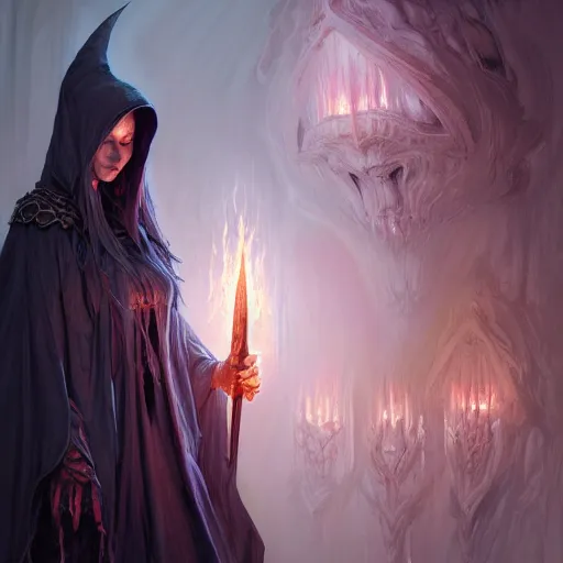 Image similar to beautiful wizard necromancer undead scarred limper rotting robes grim dark cruel wizard sorcerer, intricate, elegant, highly detailed, digital painting, artstation, concept art, smooth, sharp focus, illustration, art by artgerm and greg rutkowski and alphonse mucha and loish and wlop