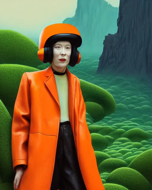 Prompt: portrait of alone androgynous female artist wearing long orange vintage leather coat and wearing giant modular synthesizer boombox helmet, cassette futurism. bakelite cliffs, moss green japanese forest background, ultrafine hyperdetailed illustration by hsiao - ron cheng and artgerm, the grand budapest hotel, glow, no crop, digital art, artstation, pop art