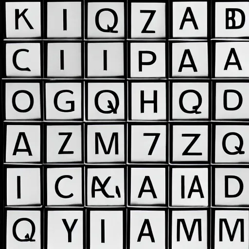 Prompt: latin alphabet in square boxes, symmetrical, grayscale, sharp