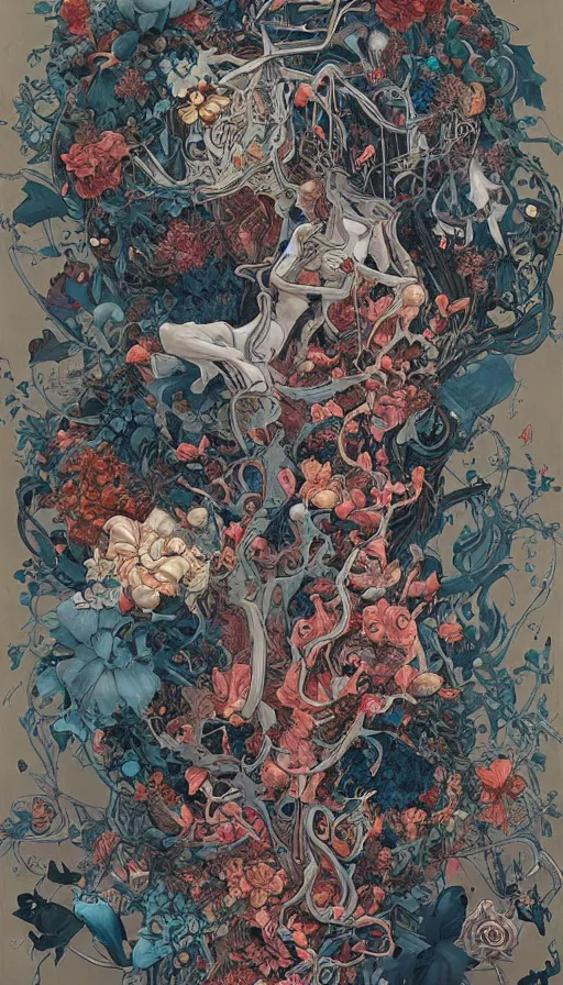 Prompt: life and death mixing together, by james jean