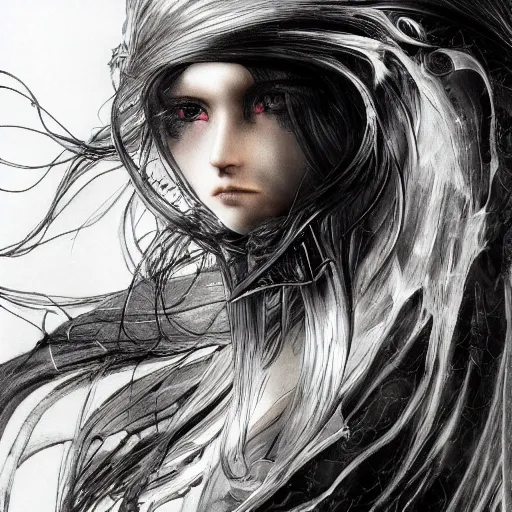 Prompt: Yoshitaka Amano realistic illustration of an anime girl with wavy white hair, black eyes and cracks on her face wearing Elden ring armour with the cape fluttering in the wind, abstract black and white patterns on the background, noisy film grain effect, highly detailed, Renaissance oil painting, weird portrait angle