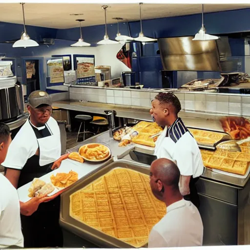 Prompt: busy wafflehouse interior with customers eating breakfast and wafflehouse employees in blue and black uniform serving food and some cooking food behind countertop