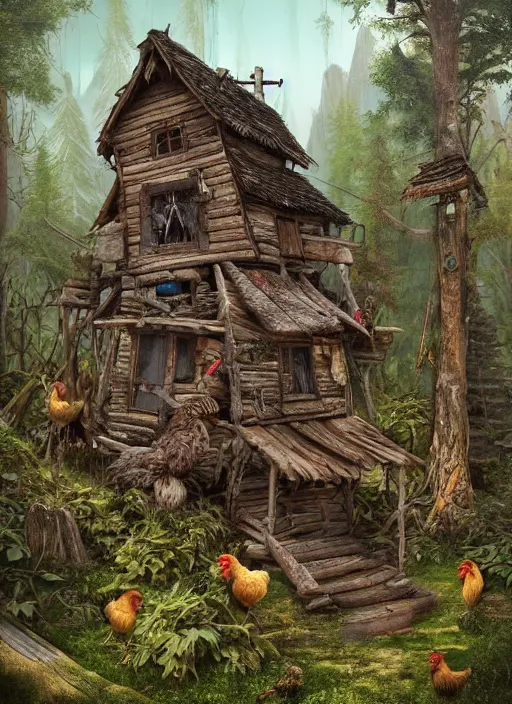 Prompt: highly detailed matte painting of the baba yaga witch's shack which is constructed on top of two giant wooden posts up high that are designed to look like chicken legs with feet, mountain woodlands,, 8 k resolution, by android jones