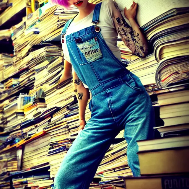 Image similar to full body pose, beautiful adult book fairy, pixar, short white hair shaved sides, dirty, grungy, grunge, long sleeve, painted overalls, stacks of giant books, highly detailed, 4 k, hdr, smooth, sharp focus, high resolution, award - winning photo, artgerm, photorealistic