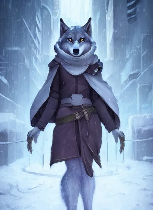 Image similar to beautiful portrait of a female anthro wolf fursona wearing jedi robes in a snow cyberpunk city. character design by charlie bowater, ross tran, artgerm, and makoto shinkai, detailed, soft lighting, rendered in octane